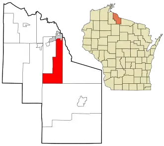 Location in Iron County and the state of Wisconsin.