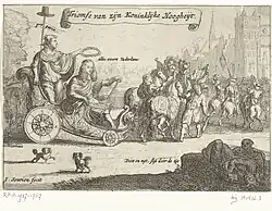 Triomfe van zijne Koninklijke Hoogheijt, 1672 - 1676. Translated title: Triumph of his Royal Highness, 1672 - 1676. Stadtholder William III is shown in a triumphal carriage after his victories in the Disaster Year Rampjaar 1672, under a laurel wreath. Allegories Doot (Death) and Nijt (Jealousy) are shown lying by the wayside at the right. Horsemen and heralds at the Binnenhof and Hofvijver, The Hague.