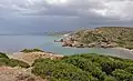View southward across East Akropolis. Itanos Bay and Beach in the background, Cape Plaka, Skaria Beach and the Grandes Islands further down. Vai Beach not visible.
