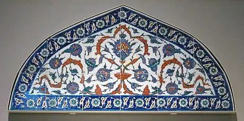 Iznik tiled lunette panel that may have come from the Piyale Pasha Mosque in Istanbul, 1570-1575, in the Victoria and Albert Museum in London