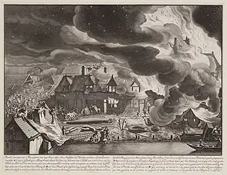 Brand op 24 juni 1680 in drie lijnbanen op de Schans aan de Smallepadsgracht. Jan van der Heyden (1690)