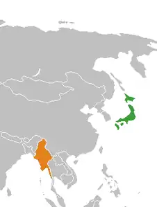 Map indicating locations of Japan and Myanmar