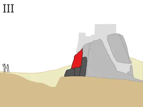 Phase III: As the ditch silted up, a new wall was built on top of the remains of the two earlier ones. At the same time, the lower entrance to the tower was blocked.