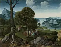Landscape with St John the Baptist Preaching, oil on oak, 36.5 cm × 45 cm (14.4 in × 17.7 in), Royal Museums of Fine Arts of Belgium