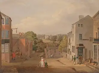 Street Scene in Chorley, Lancashire, with a view of Chorley Hall, by John Bird of Liverpool, c. 1795