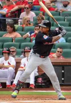 Jose Ramírez of the Guardians batting (left handed)