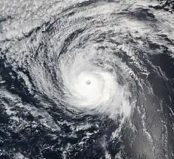 A photograph of a strengthening hurricane over the Eastern Pacific Ocean