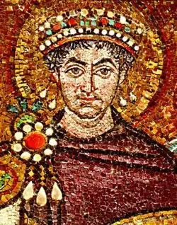The Emperor Justinian (and the Empress Theodora) are haloed in mosaics at the Basilica of San Vitale, Ravenna, 548. See here for earlier and here for later examples.