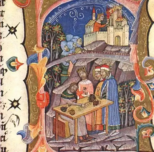 Chronicon Pictum, Hungarian, Hungary, King Solomon, Prince Géza, Prince Ladislaus, Vid, Belgrade, booty, spoils of war, soldiers, capture, girl with torch, flaming city, medieval, chronicle, book, illumination, illustration, history