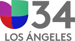 At left, the Univision logo, consisting of red, purple, green and blue blocks in the shape of a U. At right, a gray 34 in a sans serif. Below both, the words "Los Ángeles" in gray sans serif.