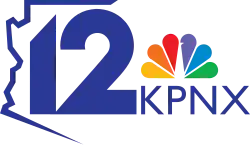 At left, a sans serif 12 partially encased in an outline of the state of Arizona. At right, the NBC peacock and the letters KPNX in a sans serif.