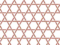 A diagram of a trihexagonal bamboo weaving technique; the borders that make up one hexagon within the weave overlap in a counterclockwise fashion.