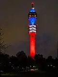 The Kaknäs Tower illuminated in the colours of the French flag in memoriam to the November 2015 Paris attacks.