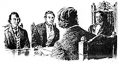 King Kamehameha III confers with his Privy Council. At left is William Richards and Gerrit P. Judd sitting across from Robert Crichton Wyllie.