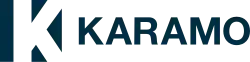 A blue square split by a thick K in negative space, next to the word "Karamo" in a sans serif