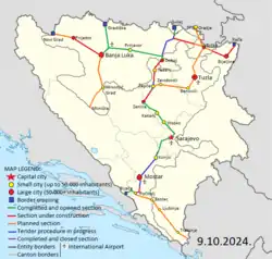 Map of motorways in Bosnia and Herzegovina (Updated: 1/1/2023)