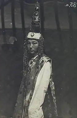 a special wedding kalpak Saukele of a bride (Kazakh: сәукеле, Kyrgyz: шөкүлө, Karakalpak: sáwkele)