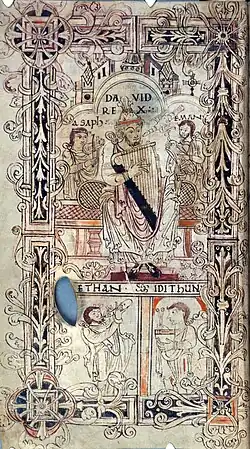 Circa 1025-1050, England, Winchcombe Psalter. King David plays medieval harp surrounded by musicians playing rotte, crwth, cornett (fingerhole horn), and crotals (clappers/cymbals on sticks).