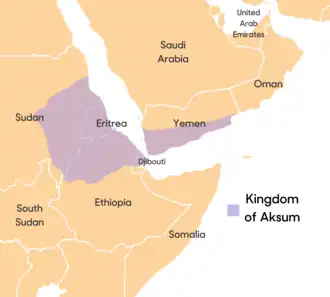 The Kingdom of Aksum c. 6th century, overlaid on modern borders