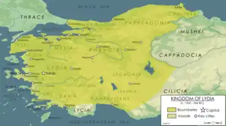 Map of the Lydian Kingdom in its final period of sovereignty under Croesus, c. 547 BC.