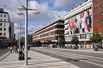 View of Klarabergsgatan to the west with Åhléns City to the right, 2019.