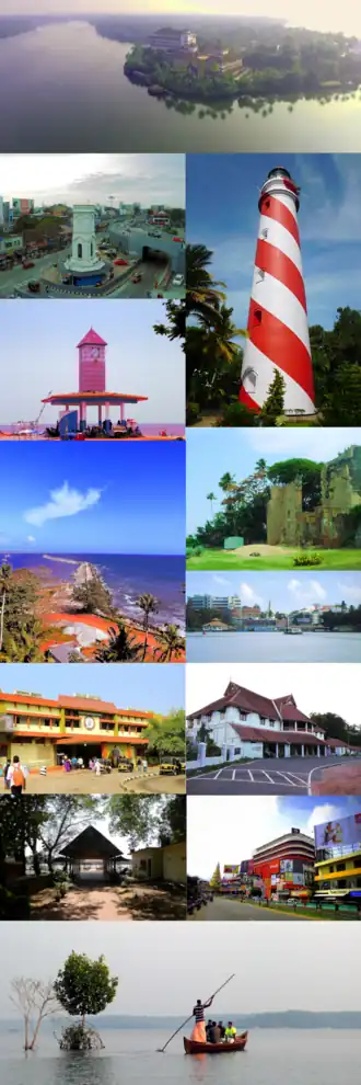 From top clockwise: an aerial view of the Ashtamudi Lake & The Raviz, Thangasseri Lighthouse, Ruins of St Thomas Fort, Kollam KSRTC bus station & KSWTD Boat Jetty, British Residency, Downtown Kollam area including RP Mall, Tourists in Munroe Island, Adventure Park, Kollam Junction railway station, Break Water Tourism & Kollam Port, Kollam Beach and Chinnakada Clock Tower
