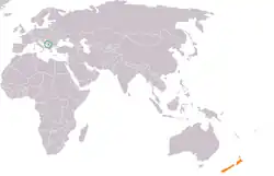 Map indicating locations of Kosovo and New Zealand