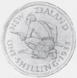 A rough sketch of a coin design, featuring a crouching Māori warrior, shirtless with a piupiu skirt, holding a taiaha war staff. Above him is written "NEW ZEALAND", below "ONE SHILLING, 1933".