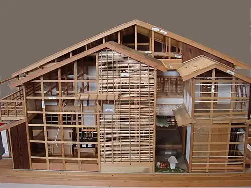 A model of a wood-frame house, with a 2-story-deep light well, surrounded by overlapping small skillion rooves at heights near the top of the ground floor, such that it has two layers of eaves.