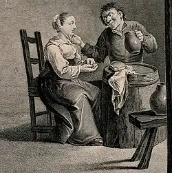A lecherous drinker sits with a girl at a barrel table in a dingy tavern