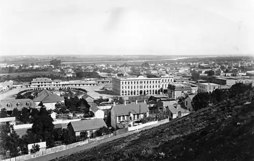 The Pico House dominates the Plaza in old downtown Los Angeles, 1876 (photo taken from old Fort Moore)