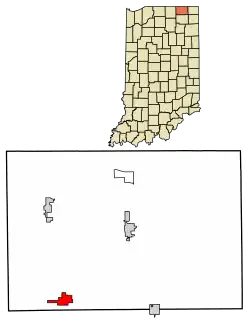 Location of Topeka in LaGrange County, Indiana.