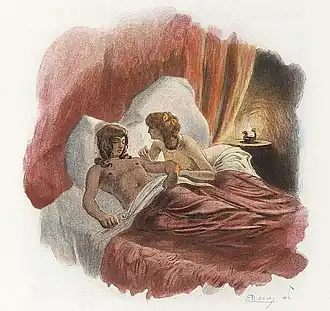 Clarimonde pricks Romuald's arm with a gold pin to feed on his blood.