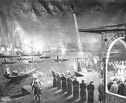 Lagâri Hasan Çelebi's rocket flight depicted in a 17th-century engraving.