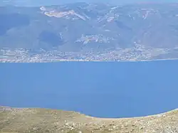 The village seen from Galičica mountain on the other side of Lake Ohrid