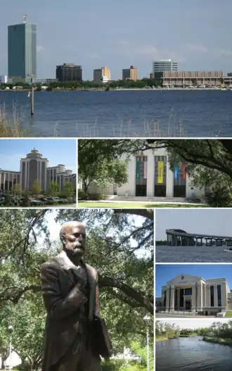 Top to bottom, L-R: Downtown Lake Charles, L'Auberge du Lac Casino, McNeese State University, John McNeese statue, Israel LaFleur Bridge, Lake Charles City Court, Henderson Bayou