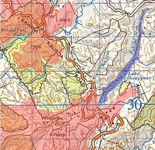 approximate maximum extent of Lake Disappear in blue, extent of Okete Volcanics in pink. The sinkhole is in the southwest corner of the lake. The stream re-emerges due south, near the foot of the map, disappears for another 200 metres, then joins Te Maari Stream and runs into Aotea Harbour. Diagram based on the 1971 one inch (contours in feet) and 1994 GNS 1:50,000 maps - sourced from LINZ.