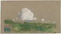 Landscape with Clouds, pastel and black chalk on green-gray wove paper (15.6 x 26.8 cm)