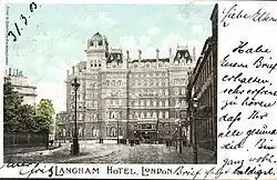 The old Langham Hotel in a picture-postcard ca. 1903. Here, in 1955 in the BBC freelancers' room, Naipaul wrote the first story of Miguel Street.