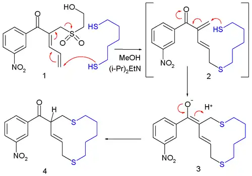 A macrocyclization: a 1,5-pentanedithiol terminus attacks the butadiene tail of a 1-substituted 2,4-pentadien-2-yl aryl ketone. Instead of forming an enol, the compound undergoes an allylic shift, expulsing the 1-substituent and leaving a 5-thioether 1,3-pentadien-2-yl ketone. The other end of the thiol then adds to the ketone in conjugate.