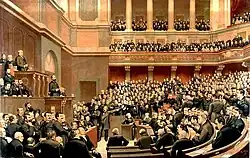 The French National Assembly in 1877; it entrenched the left–right political spectrum of its chamber in modern politics.