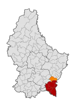 Map of Luxembourg with Lenningen highlighted in orange, and the canton in dark red