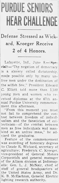 Newspaper story on McNair's 1941 Purdue University speech