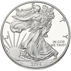 The obverse of the American Silver Eagle, a silver bullion coin in current production, from a design by Adolph A. Weinman
