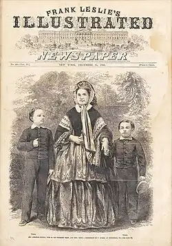 Mary Todd Lincoln with sons William and Tad; steel engraving from photograph (December 15, 1860)