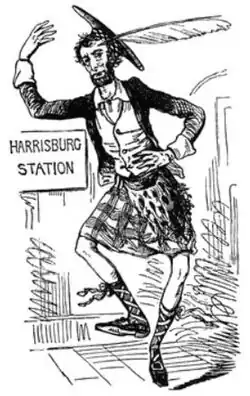 Cartoon of Lincoln in a kilt and fancy hat doing a jig