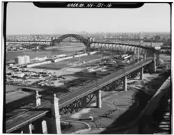 Black-and-white view of the bridge as seen from Randalls Island