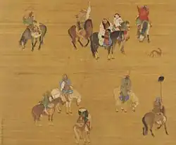 A square painting depicting ten men on horseback. Some of the men are carrying weapons, including one with a drawn bow and one with a spear. In the upper center is Kublai, in a red outfit and a thick white fur with black trim. He is unarmed.