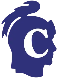 A blue colored Roman Centurion head wearing a helmet. Around the eyes, where the helmet visor would be, is a capital, white-colored letter C.