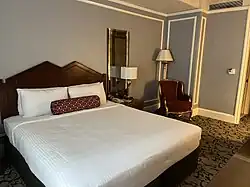 A bed in one of the rooms in the Biltmore Hotel in Los Angeles